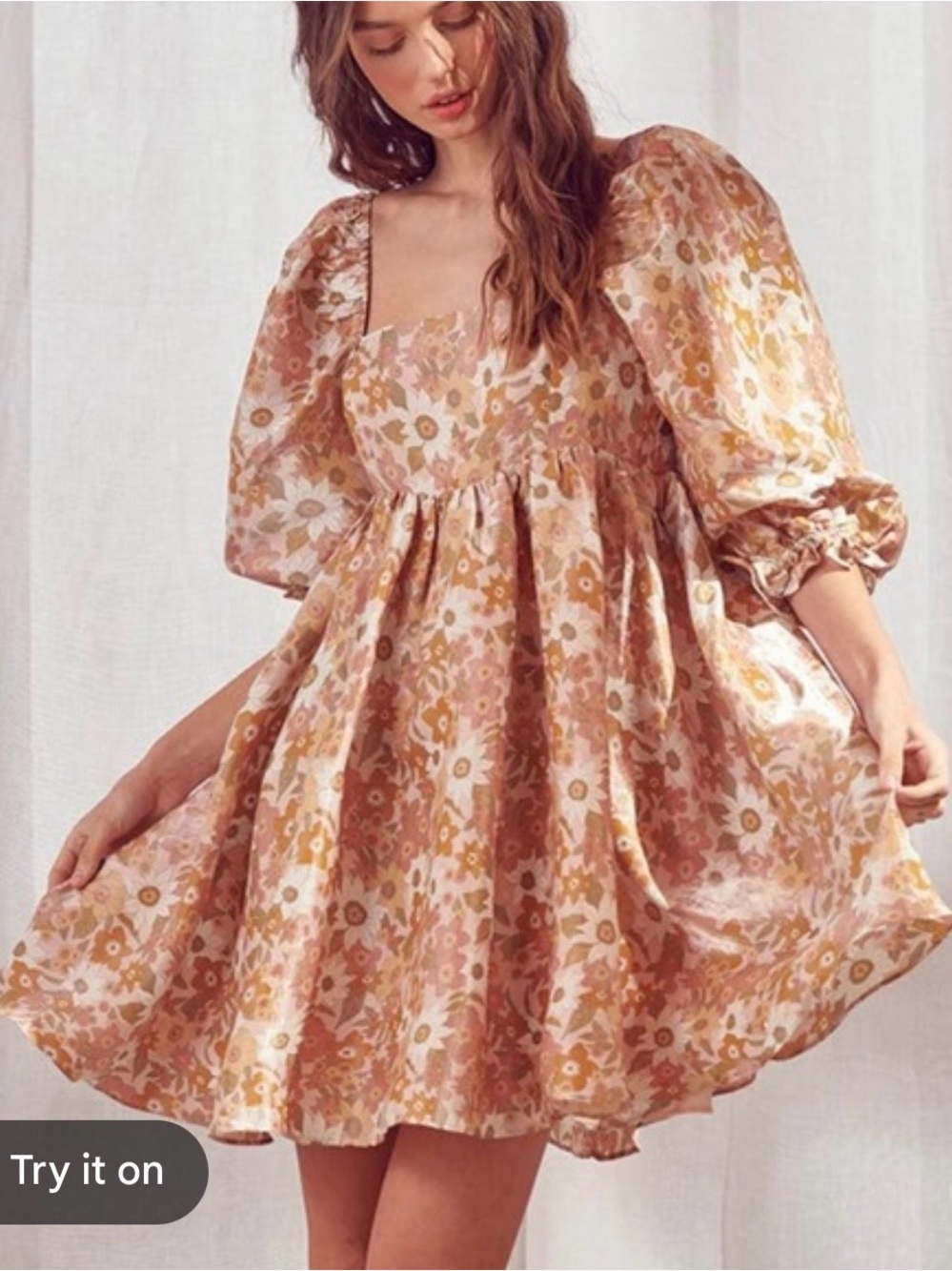 Storia Blush Pink and Gold Floral Puff-Sleeve Mini Dress